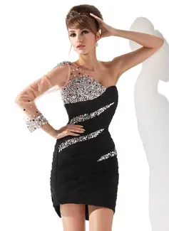 Sheath One-Shoulder Short/Mini Chiffon Tulle Cocktail Dress With Ruffle Beading (016021219)