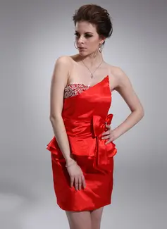 Sheath Scalloped Neck Short/Mini Charmeuse Cocktail Dress With Ruffle Beading (016008746)