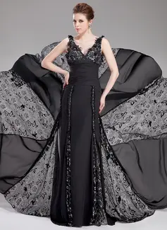 A-Line/Princess V-neck Court Train Chiffon Lace Evening Dress With Ruffle Beading Flower(s) (017019765)