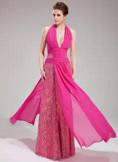 Sheath Halter Floor-Length Chiffon Lace Evening Dress With Ruffle Beading (017019755)
