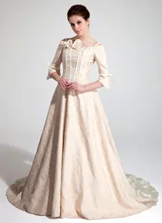 A-Line/Princess Off-the-Shoulder Court Train Charmeuse Lace Wedding Dress With Ruffle Beadwork Flower(s) (002018951)