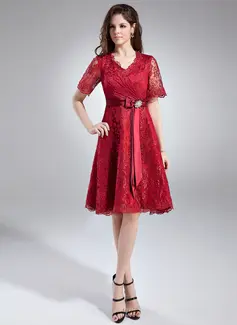 A-Line/Princess V-neck Knee-Length Charmeuse Lace Mother of the Bride Dress With Sash Crystal Brooch (008005631)