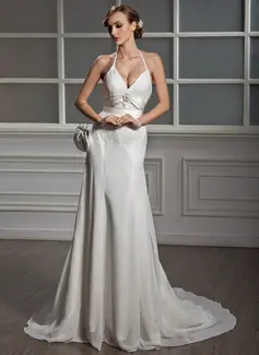 A-Line/Princess V-neck Chapel Train Chiffon Charmeuse Wedding Dress With Lace Beadwork (002001705)