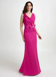 Sheath V-neck Floor-Length Chiffon Mother of the Bride Dress With Beading (008015809)