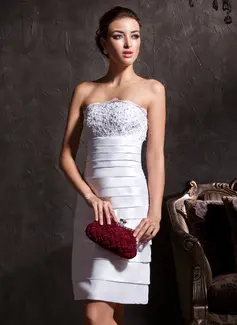 Sheath/Column Strapless Knee-Length Taffeta Wedding Dress With Lace Beadwork (002011535)