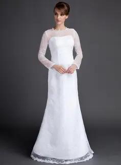 A-Line/Princess Scoop Neck Floor-Length Organza Satin Wedding Dress With Lace (002015810)