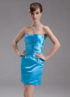 Sheath Scalloped Neck Short/Mini Charmeuse Cocktail Dress With Ruffle Beading (016016271)
