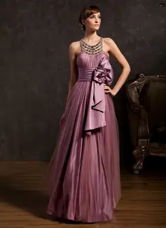 A-Line/Princess Scalloped Neck Floor-Length Tulle Charmeuse Holiday Dress With Ruffle Beading (020025843)