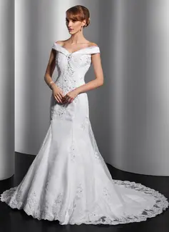 Stile sirena Abiti senza spalline Coda a strascico corto Organza raso Abito per matrimonio con Increspature Pizzo Paillettes (002014749)