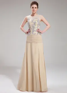 A-Line/Princess Scoop Neck Floor-Length Chiffon Tulle Evening Dress With Lace (017019753)
