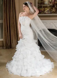 Mermaid Scalloped Neck Court Train Organza Wedding Dress With Ruffle Flower(s) (002012810)