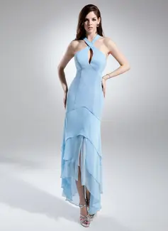Tubo Frente única Assimétrico Chifon Vestido de madrinha com Pregueado (007015680)