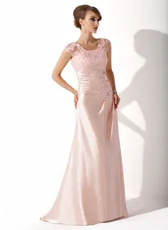 Linjeform Scoop Hals Sweep Brudeslep Charmuse Blonde Kjole til brudens mor med Frynse (008005616)