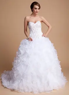Ball-Gown Sweetheart Court Train Organza Satin Wedding Dress With Beadwork Sequins (002011996)