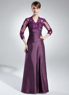 A-Line/Principessa Scollatura a V Al pavimento Taffeta Pizzo Abito per la madre della sposa con Increspature (008005866)