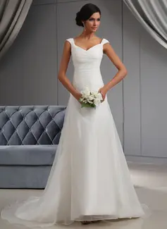 A-Line/Principessa Abiti senza spalline Coda a strascico corto Organza Abito per matrimonio con Increspature (002022664)