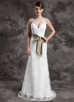 Sheath/Column V-neck Sweep Train Satin Lace Wedding Dress With Sashes Beadwork (002015007)