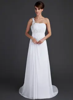 A-Line/Princess One-Shoulder Court Train Chiffon Holiday Dress With Ruffle Appliques (020015604)