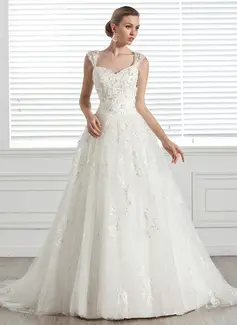 Ball-Gown Sweetheart Court Train Tulle Wedding Dress With Beadwork Appliques Flower(s) (002005283)