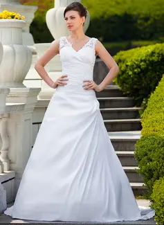 A-Line/Princess V-neck Court Train Taffeta Lace Wedding Dress With Ruffle Beadwork (002001650)