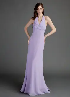 Tubo Frente única Vestidos longo Chifon Vestido de madrinha com Pregueado Beading (007001103)