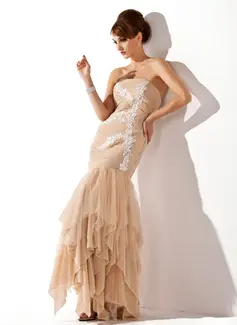 Corte sirena Escote corazón Hasta el suelo Chifón Tul Vestido de baile de promoción con Volantes Apliques (018004825)