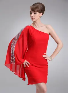 Tubo Um ombro Curto/ Mini Tecido de seda Vestidos de cocktail com Bordado (016008327)