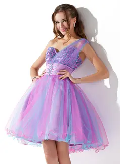 Vestidos princesa/ Formato A Um ombro Curto/ Mini Tule Vestido de boas vindas com Pregueado Beading Sequins (022020910)