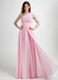 A-Line/Princess One-Shoulder Floor-Length Chiffon Holiday Dress With Ruffle Beading (020015785)