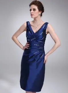 Sheath V-neck Knee-Length Taffeta Cocktail Dress With Ruffle Beading (016021247)