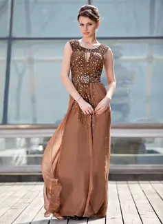 A-Line/Princess Scoop Neck Sweep Train Chiffon Mother of the Bride Dress With Ruffle Beading Sequins (008018942)
