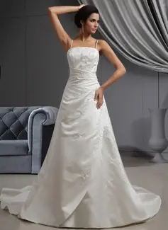 A-Line/Princess Cathedral Train Satin Wedding Dress With Embroidery Ruffle Beadwork (002022649)