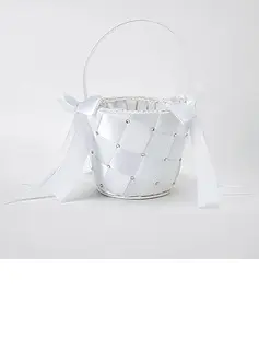 Flower Girl Basket In White Satin With Ribbon and Rhinestones(102018046)