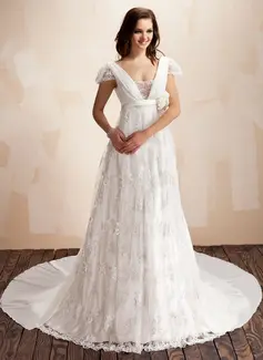 Vestidos princesa/ Formato A Decote quadrado Cauda watteau Chifon Renda Vestido de noiva com Pregueado Bordado fecho de correr (002011929)