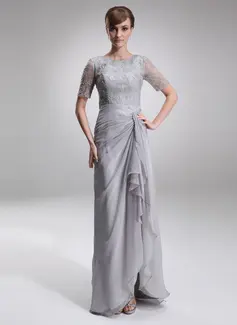A-Line/Princess Scoop Neck Floor-Length Chiffon Lace Mother of the Bride Dress With Ruffle (008005621)