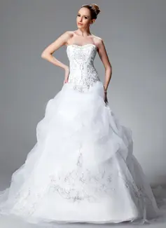Ball-Gown Sweetheart Chapel Train Organza Satin Wedding Dress With Embroidery Ruffle Beadwork Sequins (002004178)