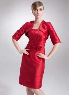 Sheath Knee-Length Taffeta Mother of the Bride Dress With Ruffle Flower(s) (008005633)