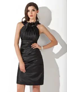 Sheath Scoop Neck Knee-Length Charmeuse Cocktail Dress With Ruffle Flower(s) (016021272)
