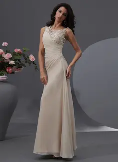 Sheath Scoop Neck Floor-Length Chiffon Tulle Prom Dress With Ruffle Beading Flower(s) (018022747)