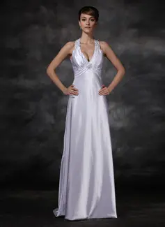 Sheath/Column Halter Sweep Train Charmeuse Wedding Dress With Ruffle Beadwork (002001609)