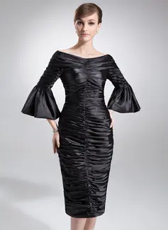 Sheath Off-the-Shoulder Knee-Length Charmeuse Mother of the Bride Dress With Ruffle (008006229)