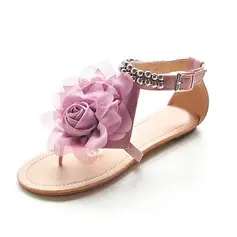 Leatherette Low Heel Flip Flops Flats With Flower (087014667)