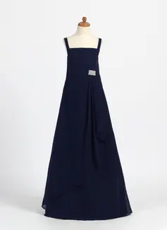 A-Line/Princess Square Neckline Floor-Length Chiffon Junior Bridesmaid Dress With Ruffle Crystal Brooch (009007376)