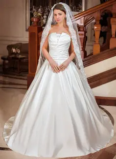 A-Line/Princess Scalloped Neck Chapel Train Satin Wedding Dress With Ruffle (002012697)
