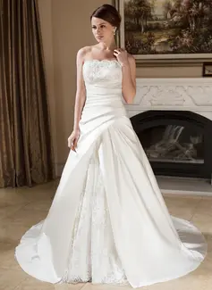 A-Line/Princess Strapless Court Train Satin Lace Wedding Dress With Ruffle Beadwork (002000603)