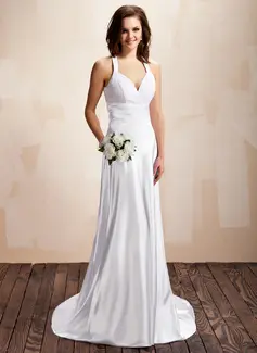 Sheath/Column Halter Sweep Train Charmeuse Wedding Dress With Ruffle Lace (002012054)
