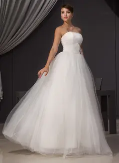 A-Line/Princess Strapless Floor-Length Tulle Wedding Dress With Ruffle Beadwork (002014470)