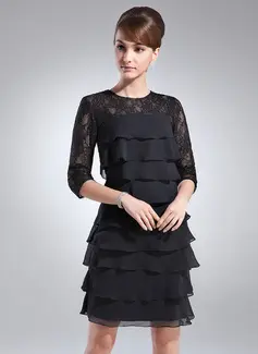 Linjeform Scoop Hals Knelengde Chiffon Kjoler til brudens mor med Snøre (008005930)