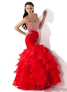 Corte sirena Escote corazón Hasta el suelo Organza satén Vestido de baile de promoción con Volantes Bordoneado Con lentejuelas (018005174)