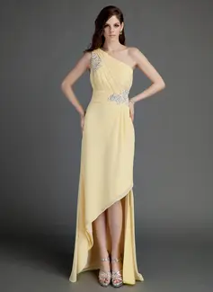 A-Line/Princess One-Shoulder Asymmetrical Chiffon Holiday Dress With Ruffle Beading Appliques (020015683)